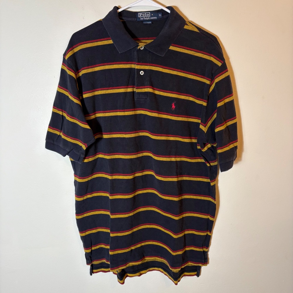 Vintage Polo Ralph Lauren Striped Polo Navy Red Yellow XL 100% Cotton 90s Y2K